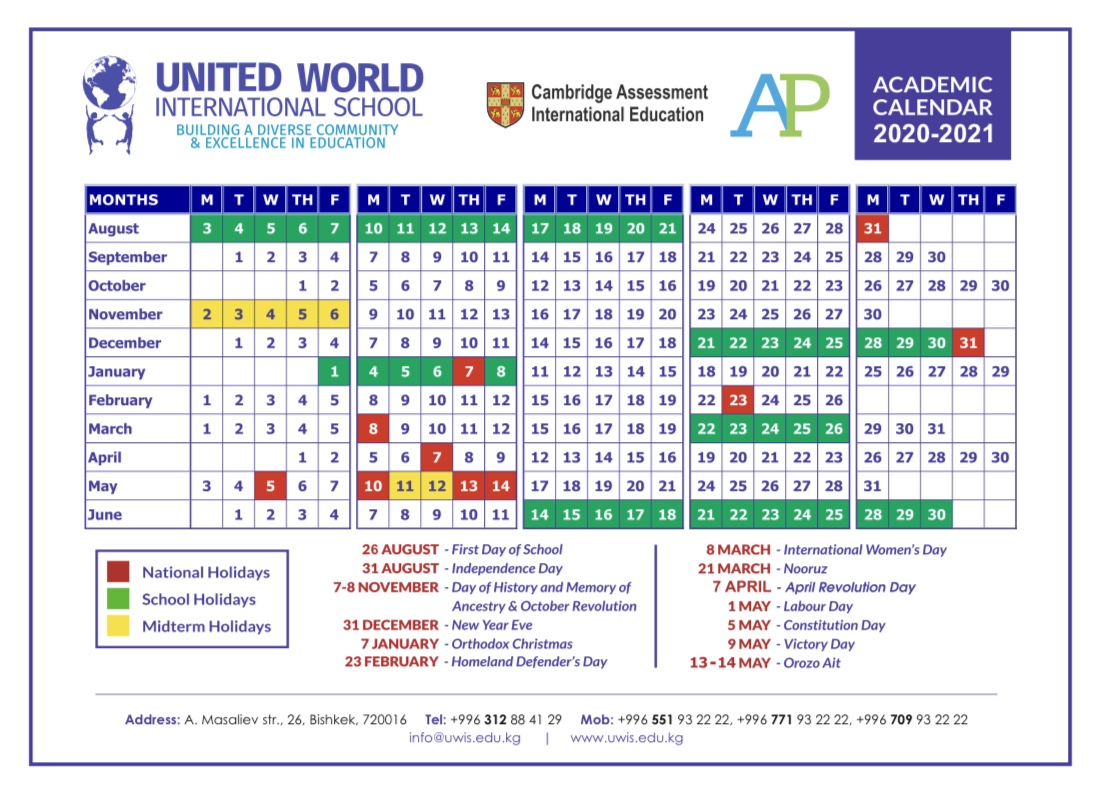 UWIS Academic Calendar 20202021 United World International School